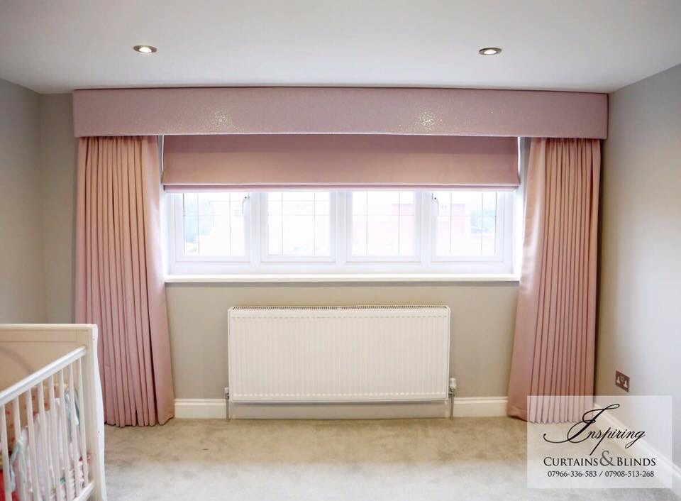 Pink Glitter Pelmet, Soft Pink Sateen Blackout Curtains and Roman Blind