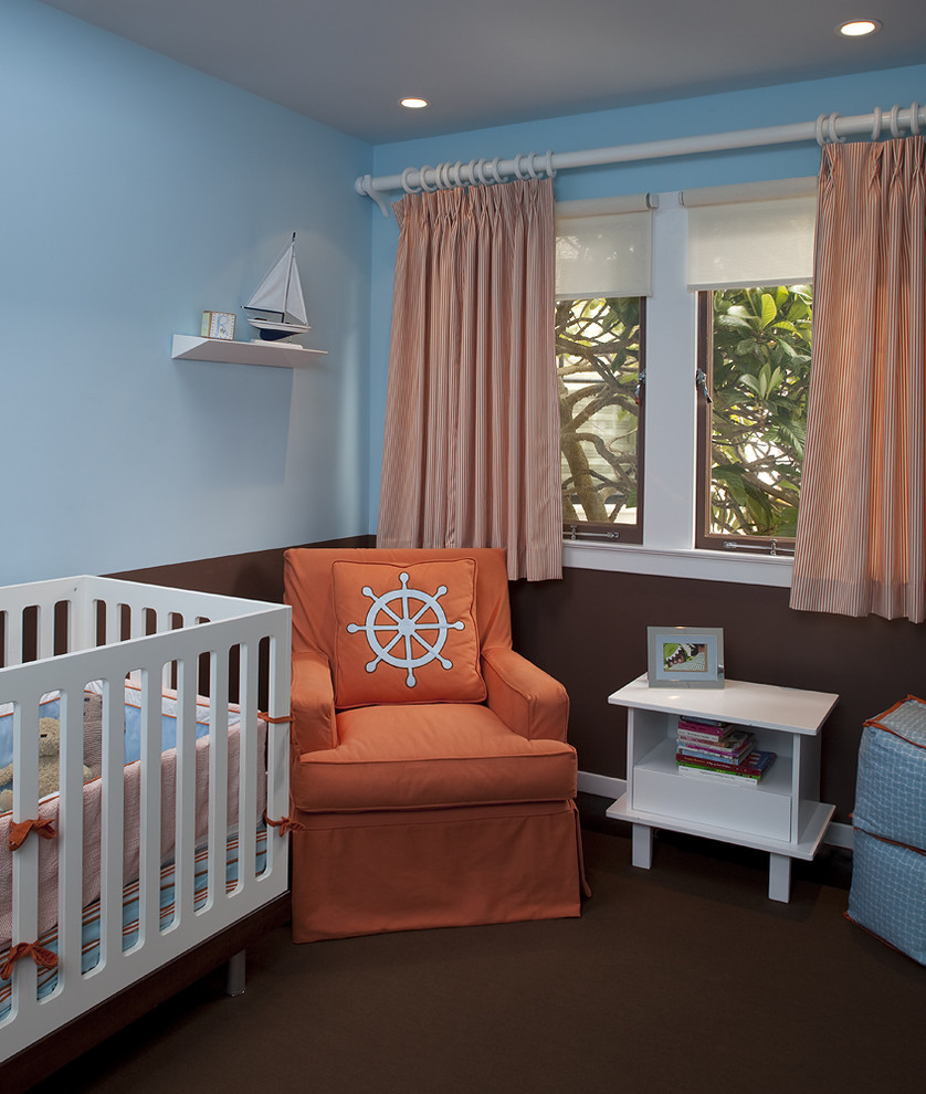 Nursery - contemporary carpeted nursery idea in San Francisco with blue walls
