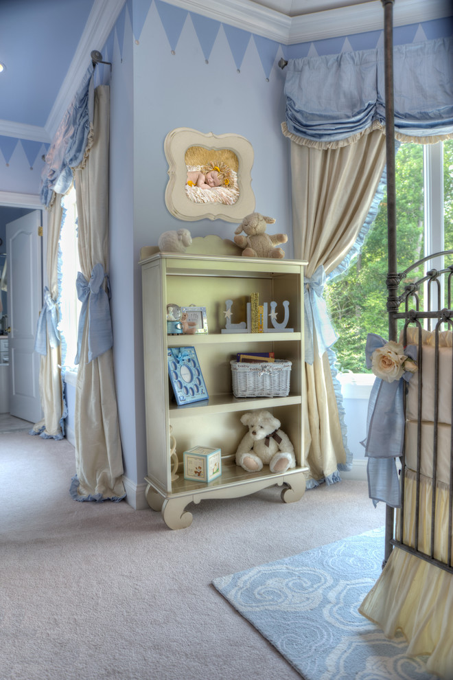 Large elegant gender-neutral carpeted and white floor nursery photo in New York with blue walls