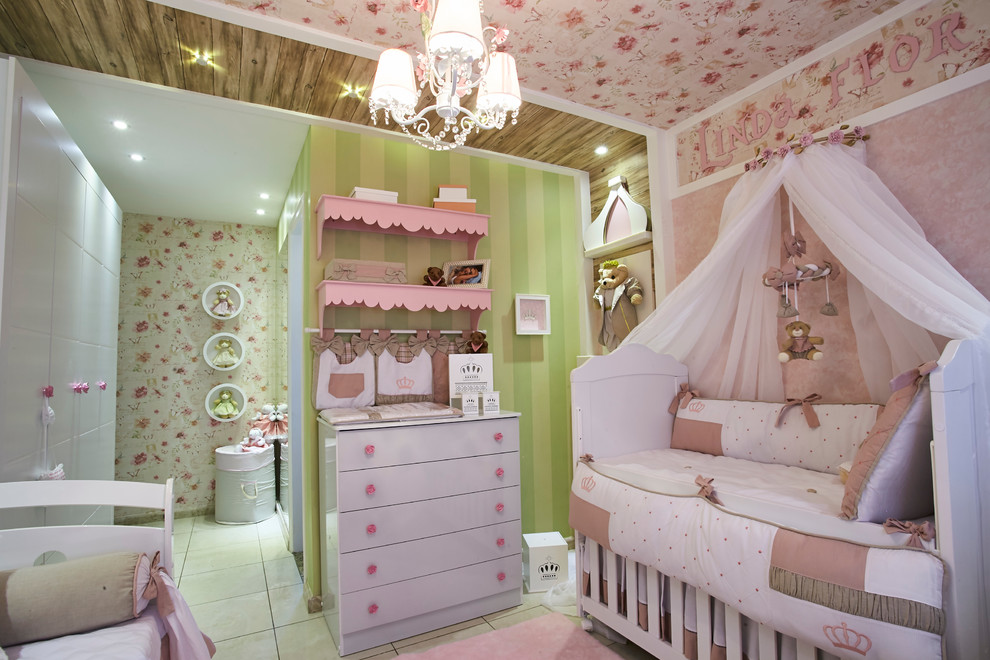 Medium sized bohemian nursery for girls in Other with pink walls and porcelain flooring.