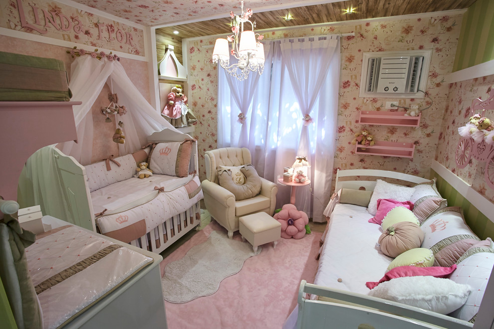This is an example of a medium sized bohemian nursery for girls in Other with pink walls and porcelain flooring.