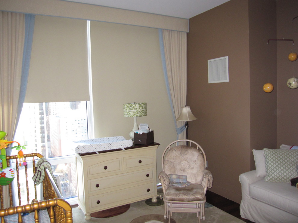 Example of a mid-sized classic gender-neutral dark wood floor and brown floor nursery design in New York with brown walls