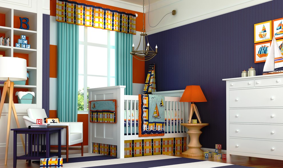 Diseño de habitación de bebé niño de estilo americano con paredes azules