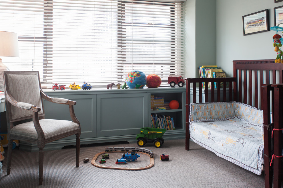 Photo of a medium sized classic gender neutral nursery in New York with grey walls, carpet and beige floors.