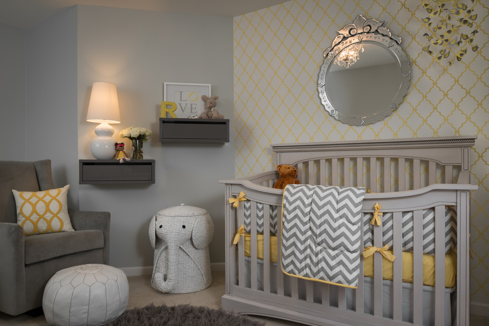 Example of a transitional gender-neutral carpeted nursery design in Nashville with gray walls