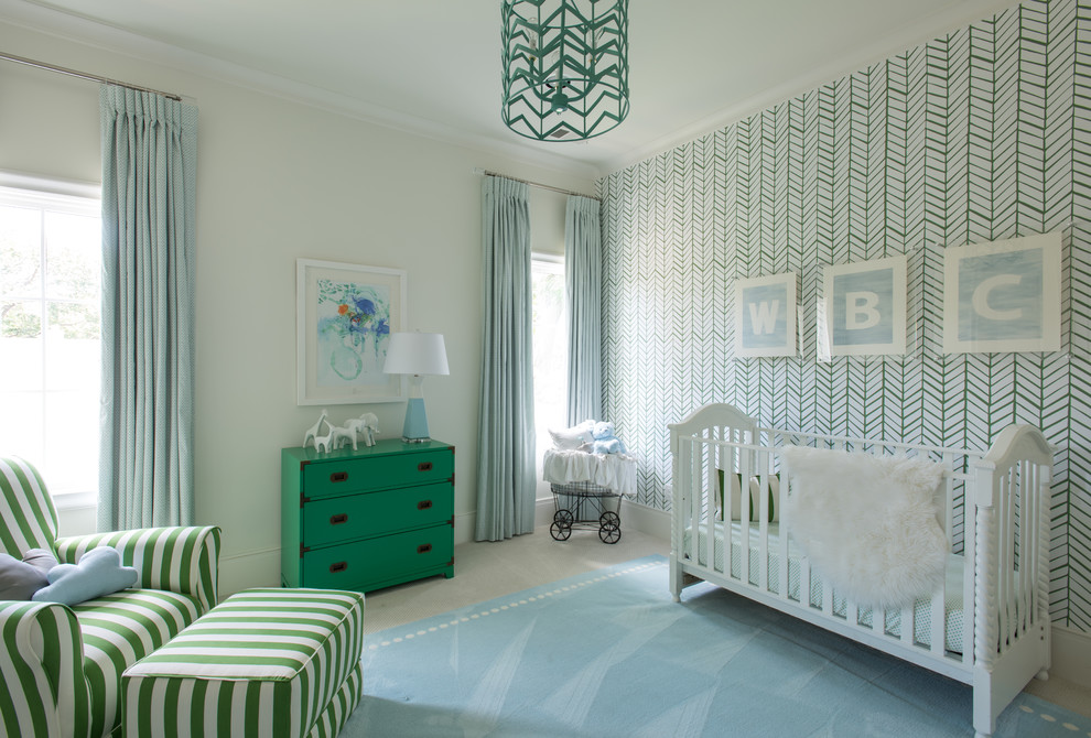 Inspiration for a classic nursery for boys in Dallas with beige walls, carpet and a feature wall.