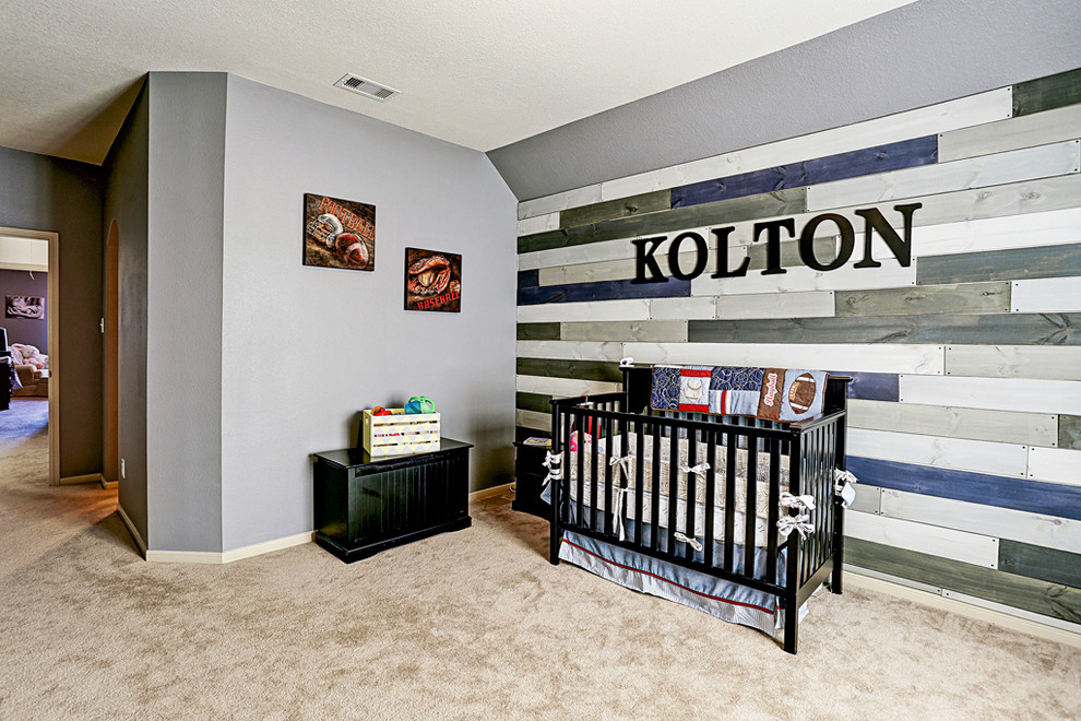 Medium sized classic gender neutral nursery in Houston with grey walls, carpet and beige floors.