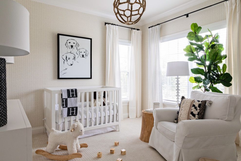 На фото: комната для малыша среднего размера в стиле неоклассика (современная классика) с бежевыми стенами, ковровым покрытием, бежевым полом и обоями на стенах для мальчика с
