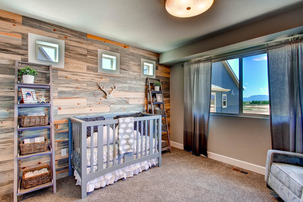Idee per una cameretta per neonati neutra country con pareti beige, moquette e pavimento grigio