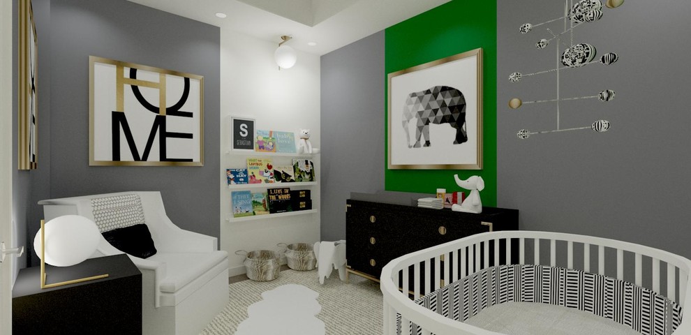 На фото: маленькая комната для малыша в стиле неоклассика (современная классика) с серыми стенами, ковровым покрытием и серым полом для на участке и в саду, мальчика с