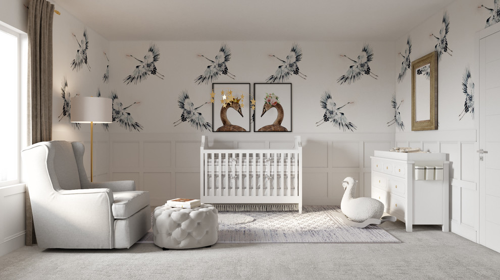На фото: маленькая нейтральная комната для малыша в классическом стиле с белыми стенами, ковровым покрытием и серым полом для на участке и в саду с