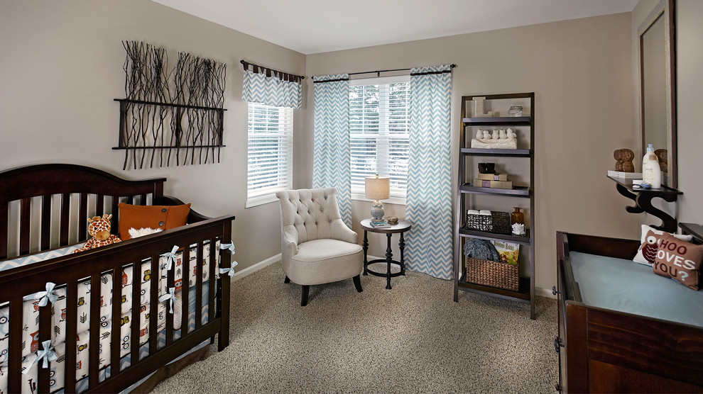 Nursery - mid-sized traditional gender-neutral carpeted and beige floor nursery idea in Other with beige walls