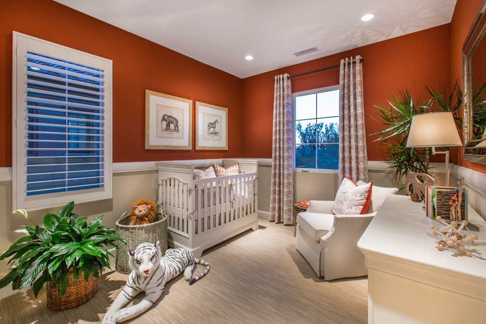 Inspiration for a traditional nursery in Orange County with beige floors and a dado rail.
