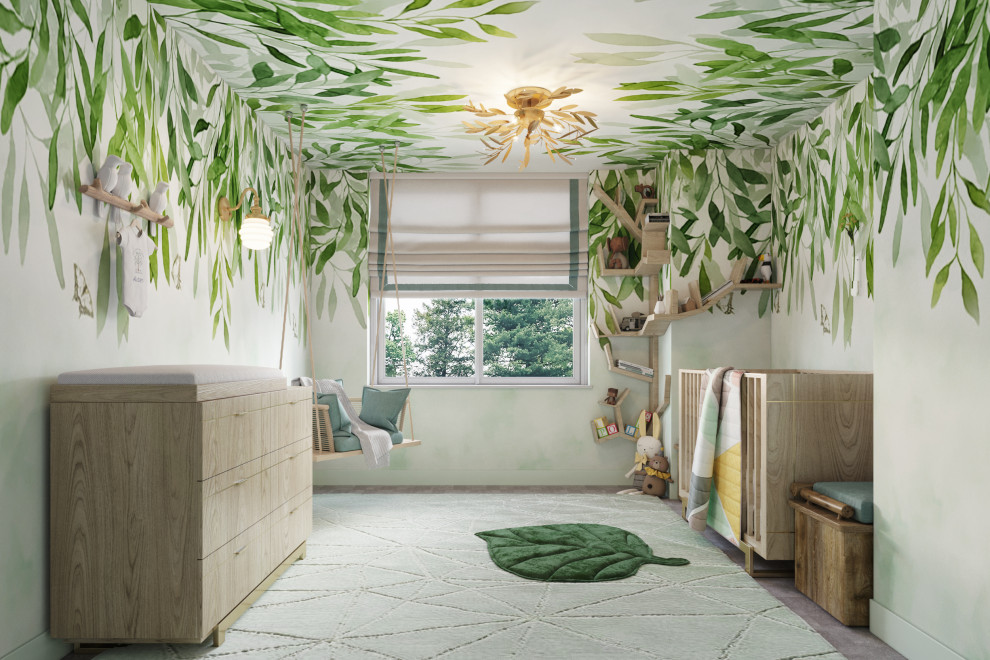 Modern inredning av ett litet könsneutralt babyrum, med gröna väggar, heltäckningsmatta och grönt golv
