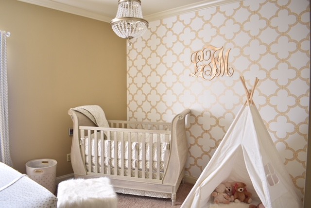 Example of a mid-sized transitional girl carpeted and beige floor nursery design in Houston with brown walls