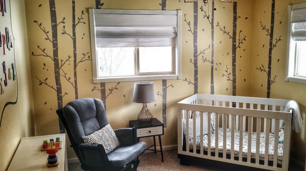 Design ideas for a medium sized bohemian gender neutral nursery in Indianapolis with yellow walls, carpet and brown floors.