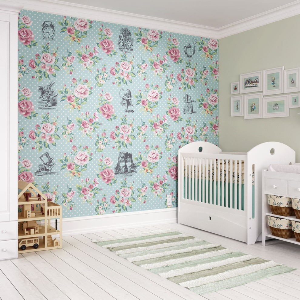 Idées déco pour une grande chambre de bébé neutre craftsman avec un mur beige, parquet clair et un sol blanc.