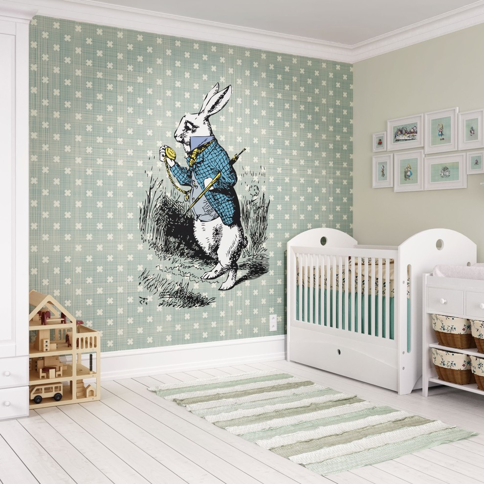 Design ideas for a large classic gender neutral nursery in Manchester with beige walls, light hardwood flooring and white floors.