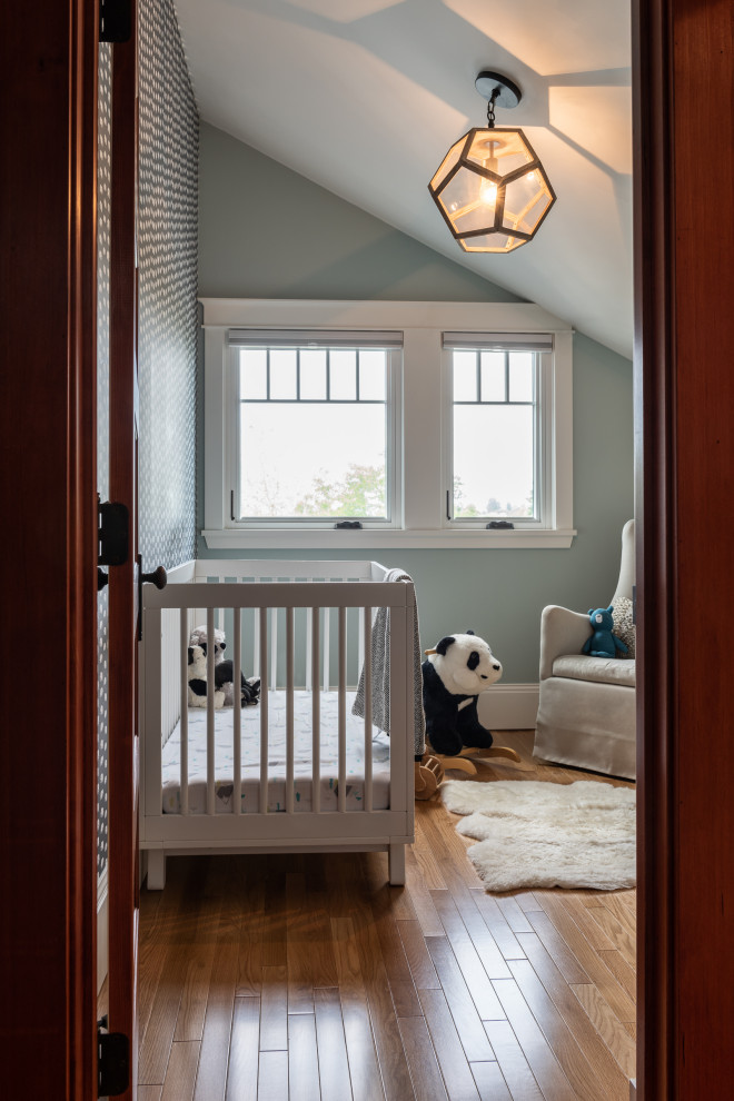 Источник вдохновения для домашнего уюта: нейтральная комната для малыша среднего размера в классическом стиле с синими стенами, темным паркетным полом и коричневым полом