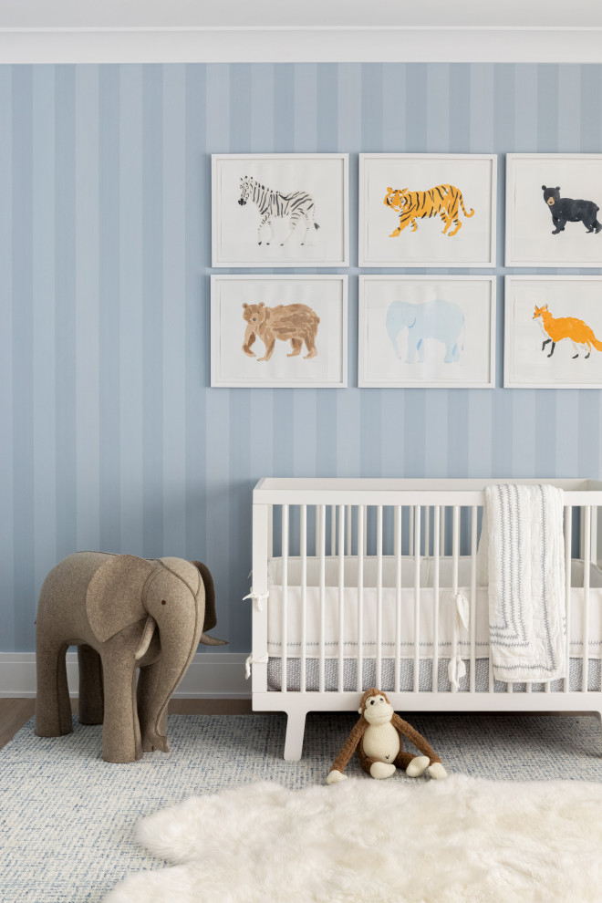 Inspiration for a large classic nursery for boys in New York with blue walls, light hardwood flooring and brown floors.