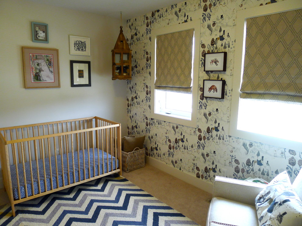 Photo of a medium sized eclectic gender neutral nursery in Boise with white walls and carpet.