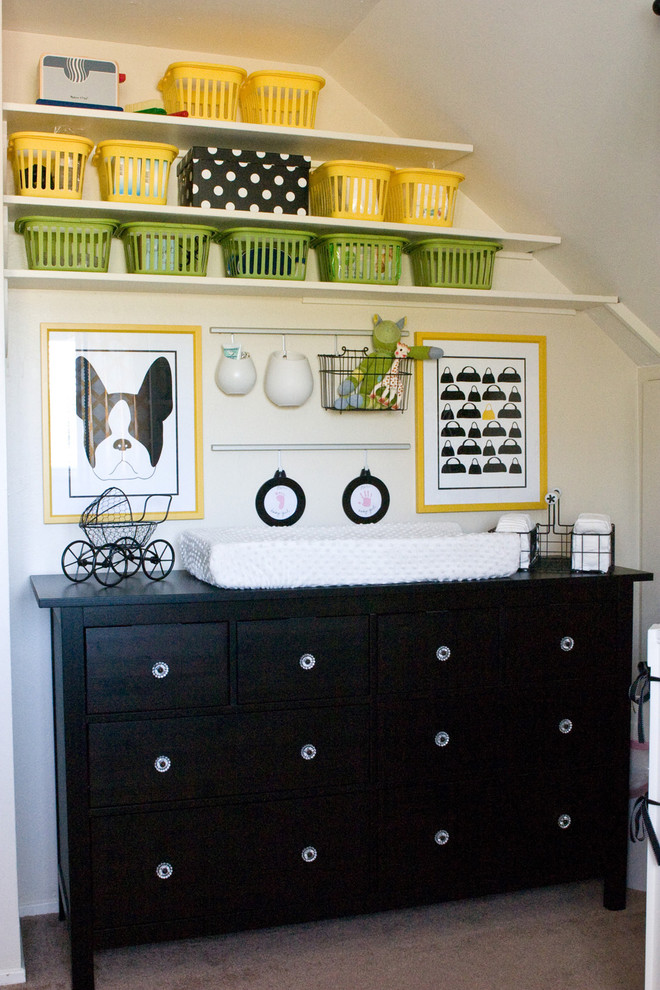 Inspiration for a transitional gender-neutral carpeted nursery remodel in San Francisco with white walls