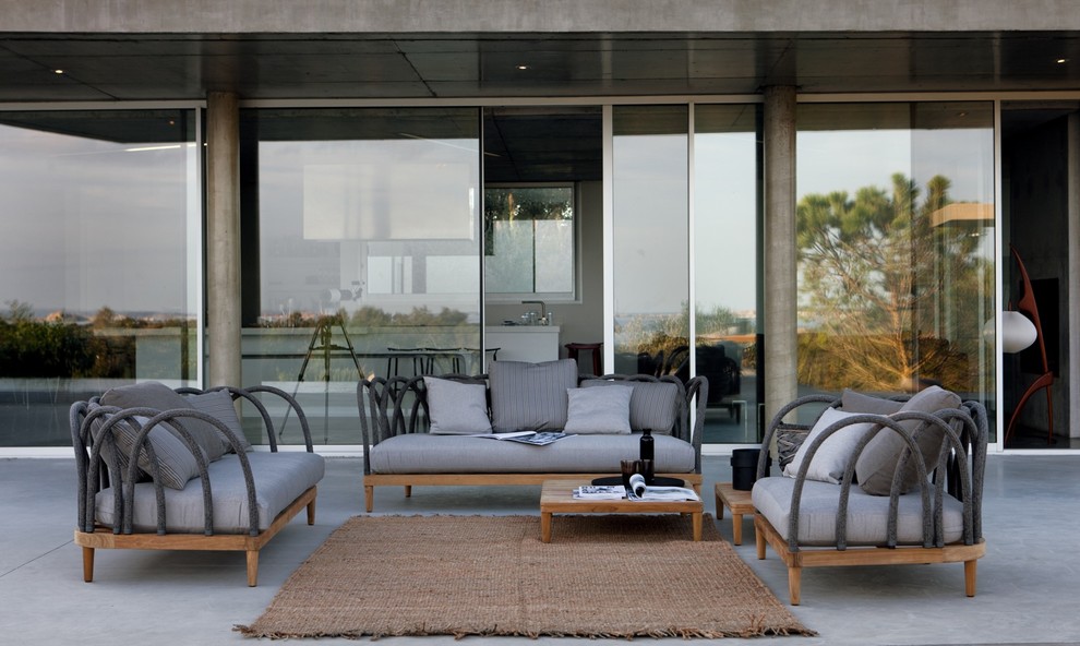 Immagine di un grande patio o portico contemporaneo davanti casa con nessuna copertura e pavimentazioni in cemento