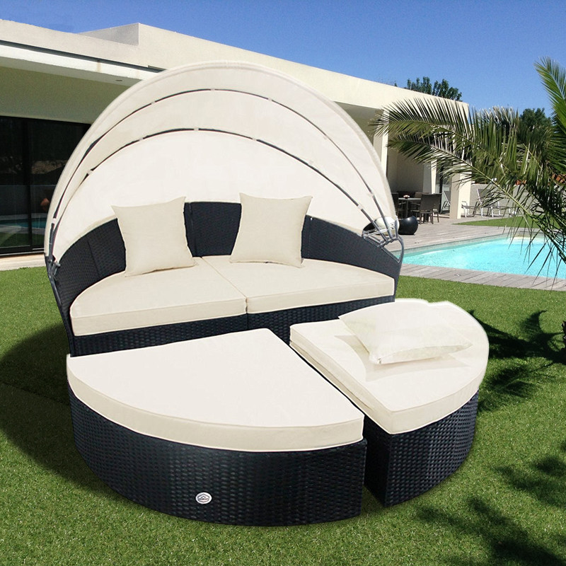 4Piece Rattan Daybed, Patio Round Retractable Sofa Modern Patio