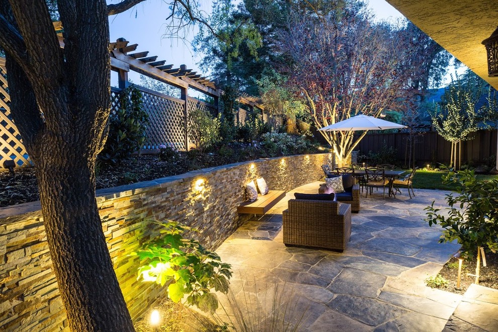 Design ideas for a medium sized contemporary back patio in San Francisco with a fire feature, natural stone paving and no cover.