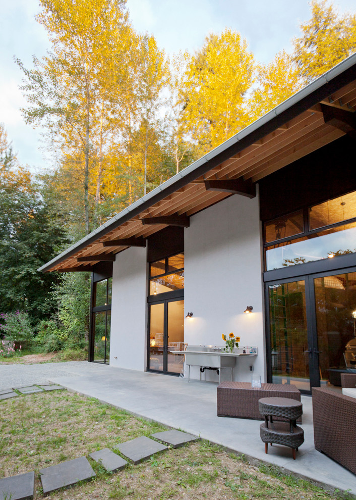 Cette image montre une terrasse design avec une dalle de béton et une extension de toiture.