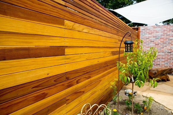 Diseño de patio actual pequeño en patio trasero con huerto, losas de hormigón y toldo