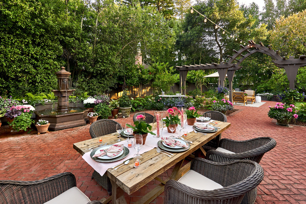 Huge elegant backyard brick patio photo in San Francisco with a fire pit and no cover