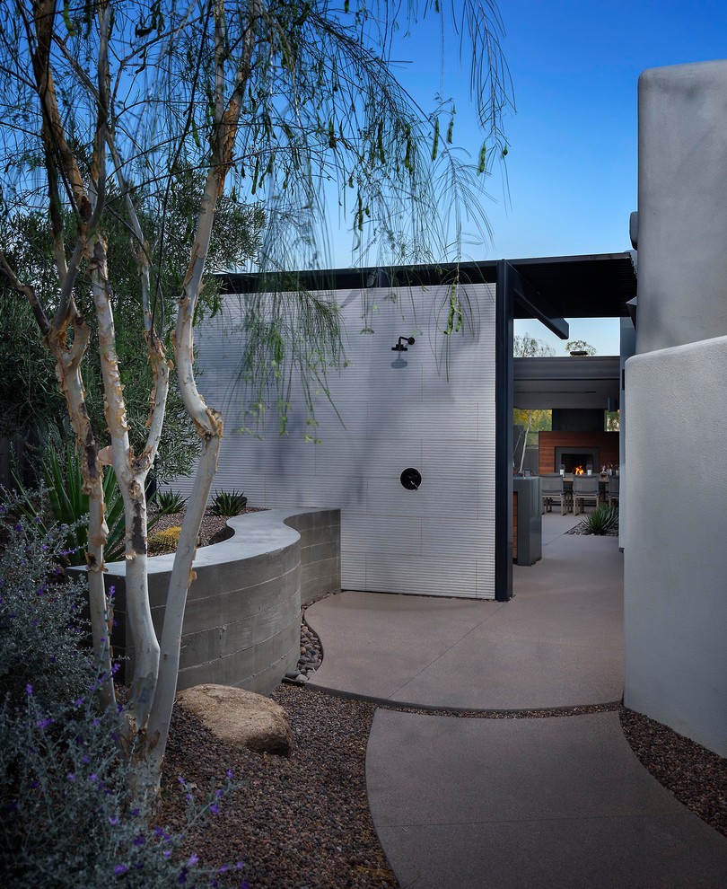Esempio di un patio o portico design di medie dimensioni e dietro casa con un caminetto, pavimentazioni in cemento e un tetto a sbalzo