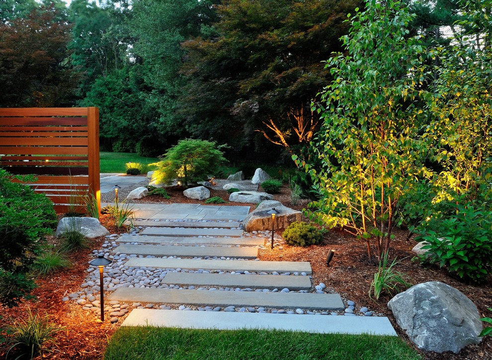 Example of a mid-sized side yard stone patio fountain design in Boston with no cover