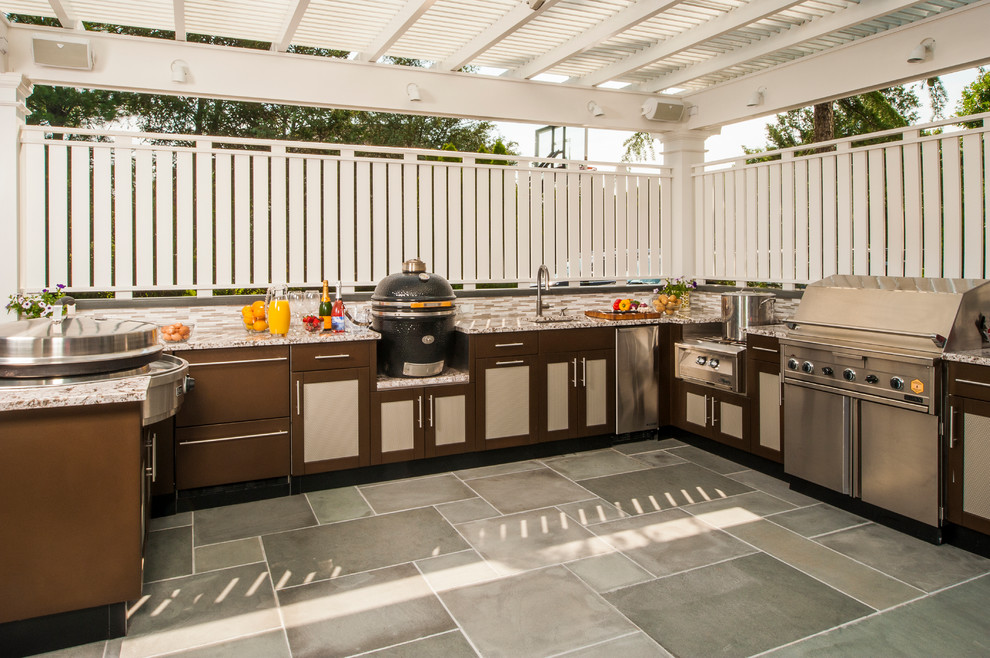 Inspiration for a timeless patio kitchen remodel in New York with a pergola