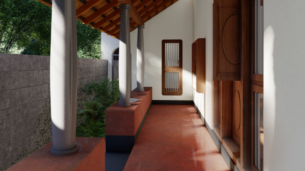 Пример оригинального дизайна: двор среднего размера на боковом дворе в классическом стиле с растениями в контейнерах и навесом