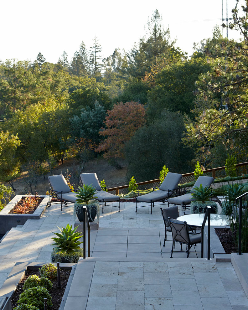Großer, Unbedeckter Moderner Patio hinter dem Haus mit Natursteinplatten in San Francisco