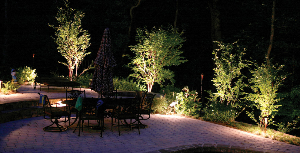 Inspiration for a mid-sized timeless backyard brick patio remodel in St Louis with a fire pit and no cover