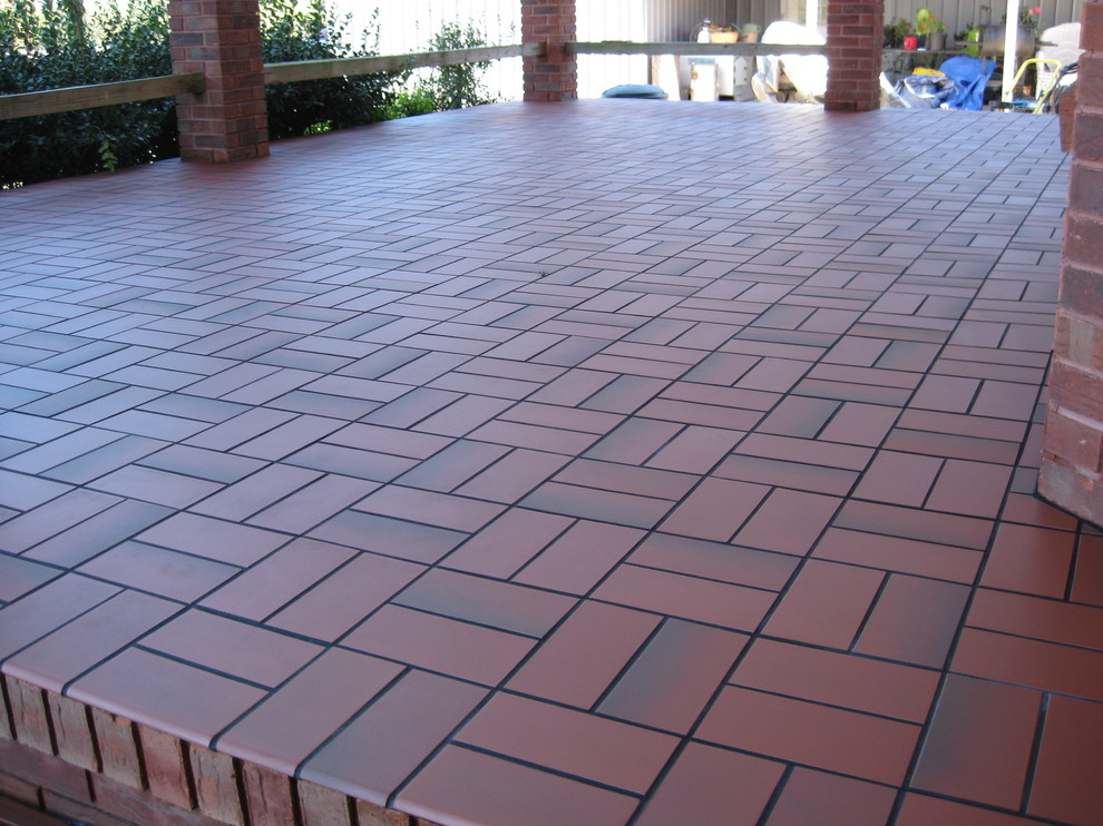 Basketweave with Quarry Tile over Concrete Patio Traditional Patio