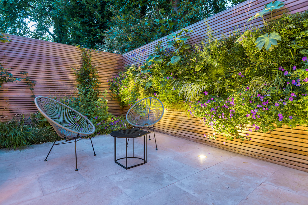 Contemporary back patio in London with a living wall and no cover.