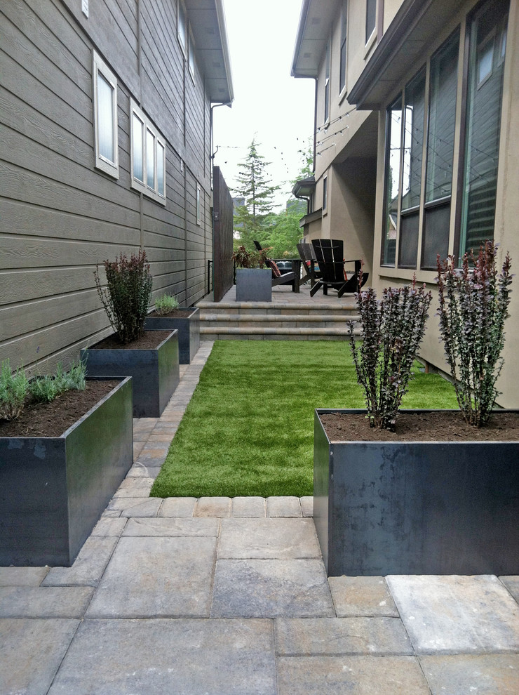 Idee per un patio o portico minimalista nel cortile laterale con un giardino in vaso e pavimentazioni in cemento