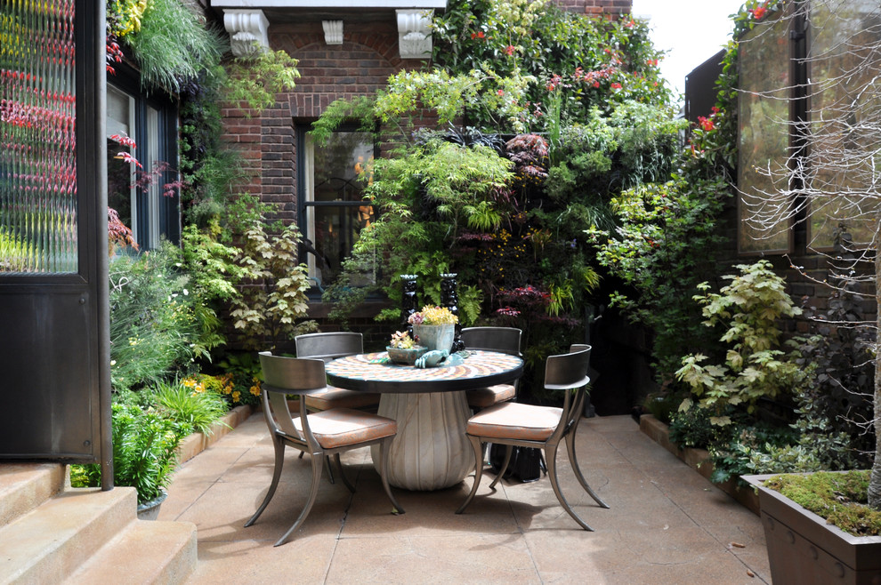 Réalisation d'un mur végétal de terrasse design avec une cour.