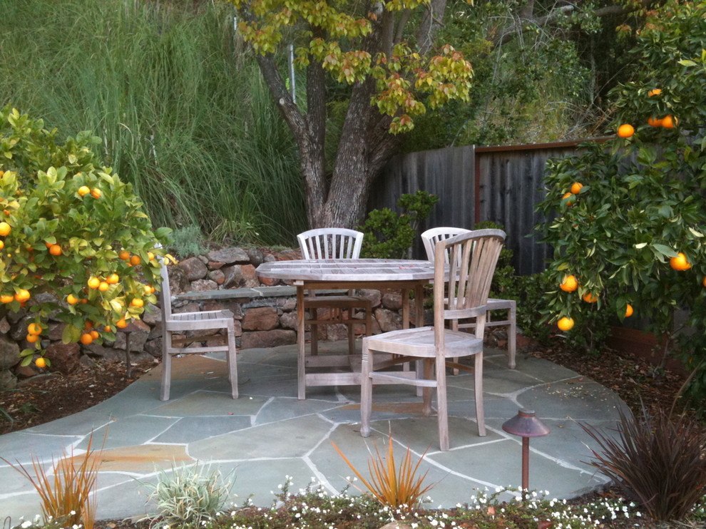Eclectic stone patio photo in San Francisco with no cover