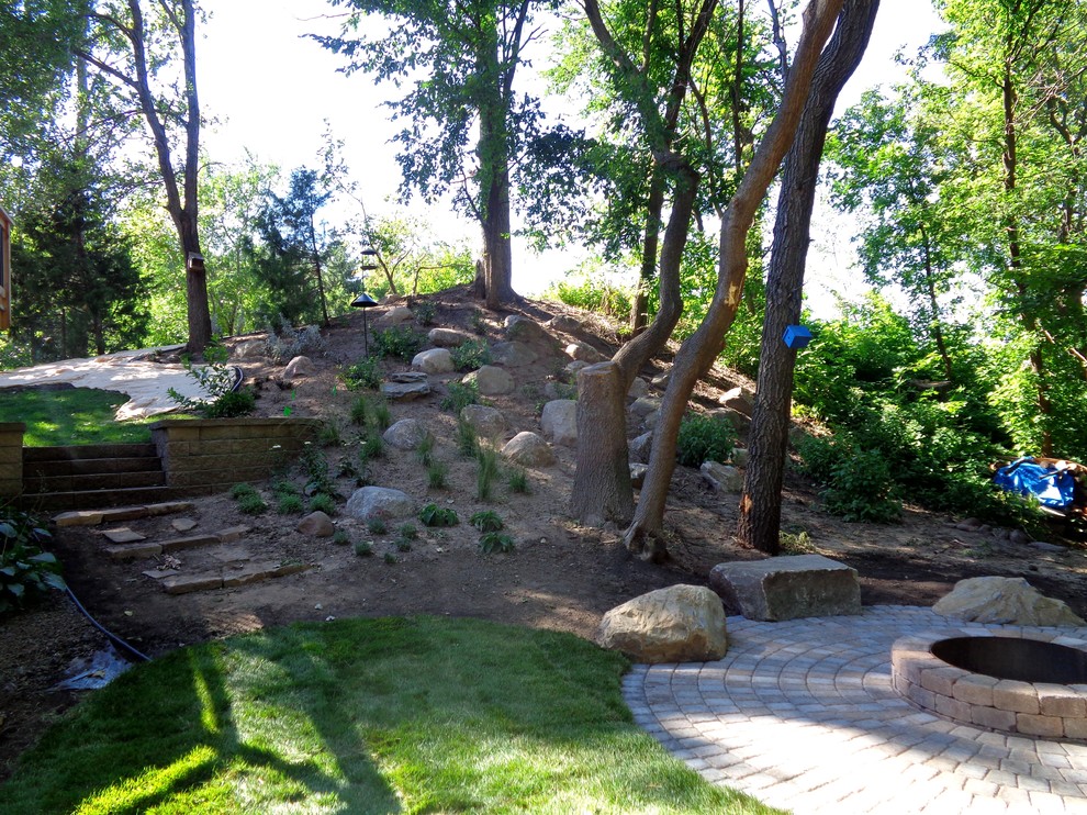 Large eclectic backyard concrete paver patio photo in Minneapolis with a fire pit