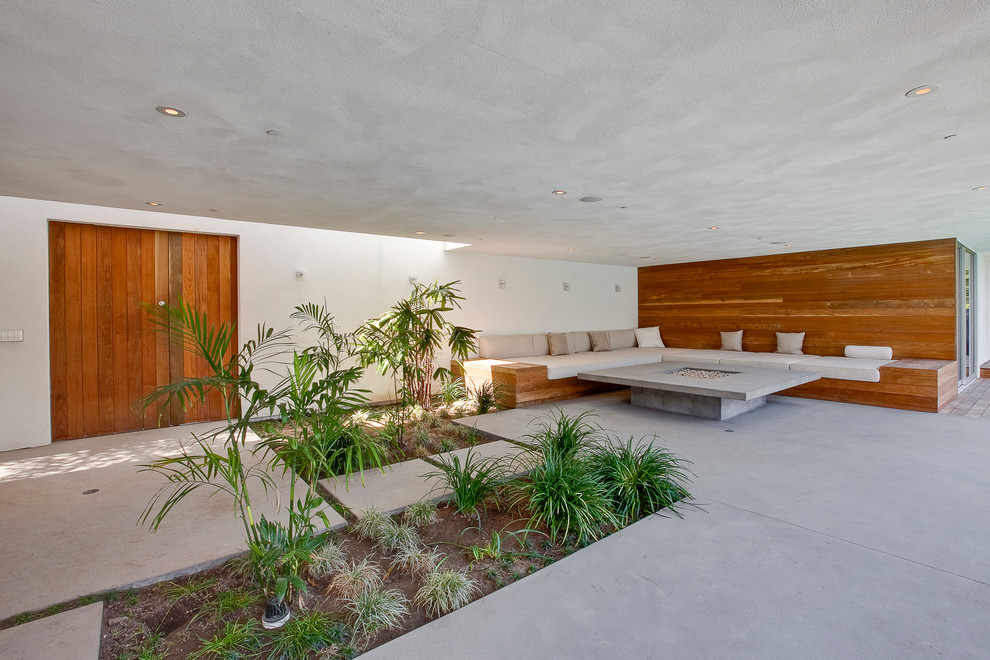 Cette image montre une terrasse minimaliste avec un foyer extérieur, une dalle de béton et une extension de toiture.
