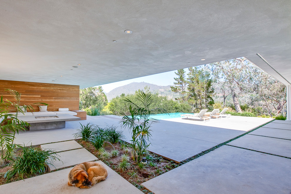 Immagine di un patio o portico minimalista con un focolare, lastre di cemento e un tetto a sbalzo
