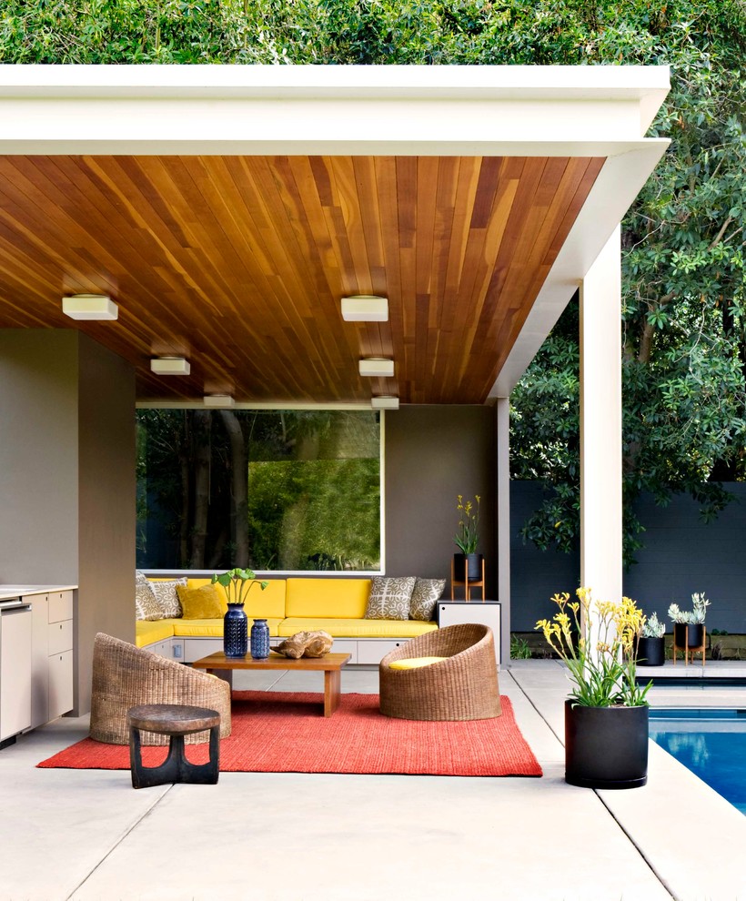 Ispirazione per un patio o portico minimalista con lastre di cemento e un tetto a sbalzo