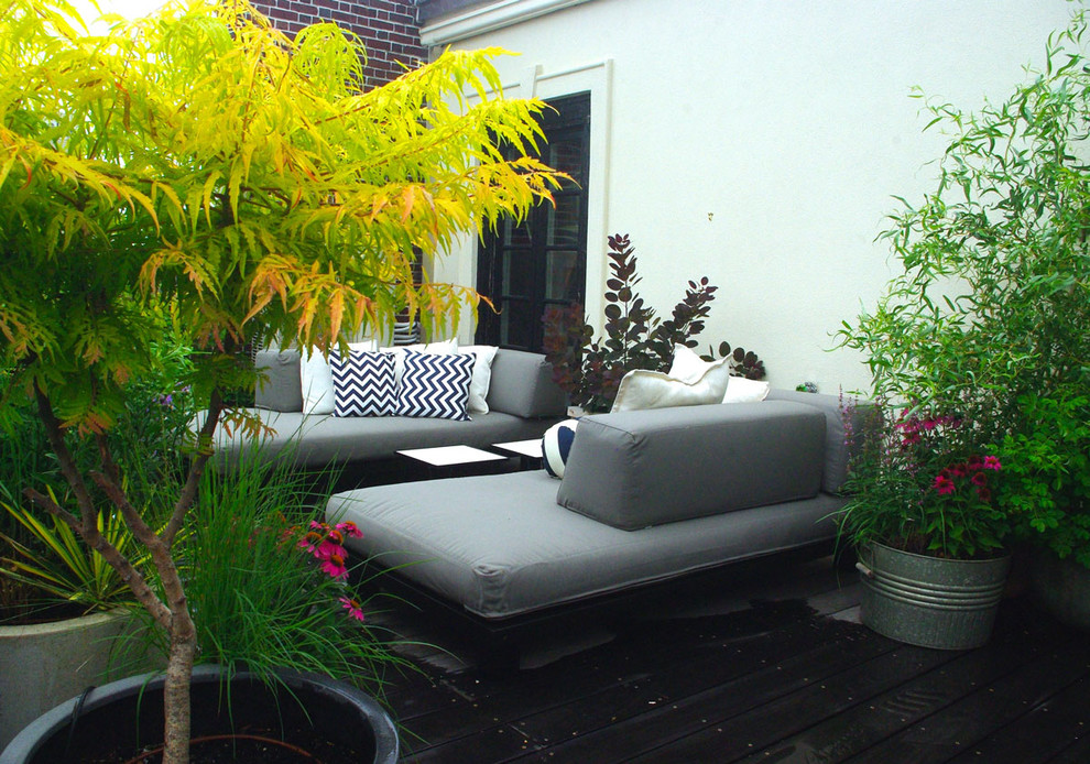 Idee per un piccolo patio o portico design dietro casa con un giardino in vaso, pedane e nessuna copertura