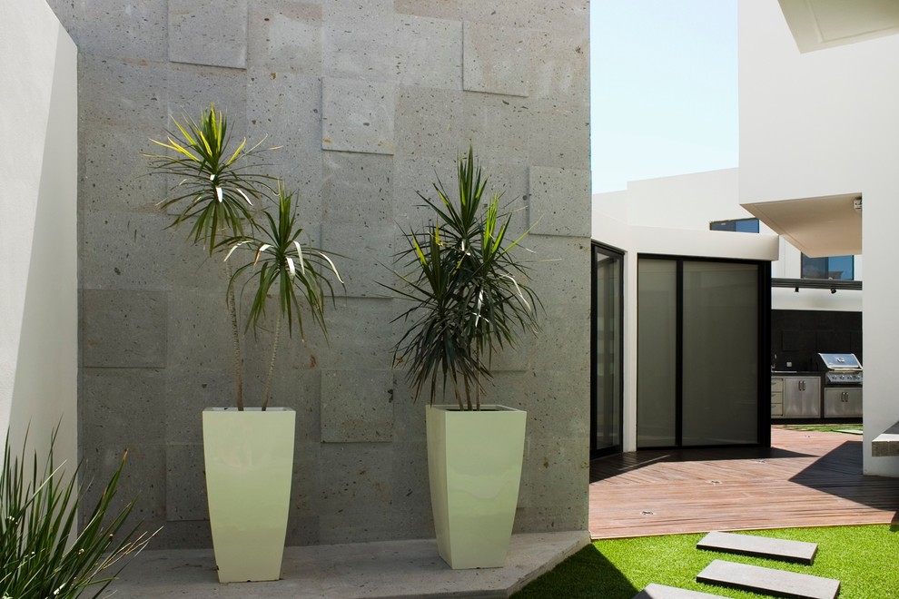 Großer, Unbedeckter Moderner Patio neben dem Haus mit Pflanzwand und Dielen in Sonstige