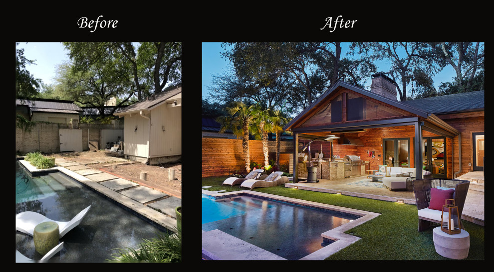 Inspiration for an expansive modern back patio in Dallas with an outdoor kitchen and a roof extension.